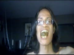 Nerd slut eating shit for some cash